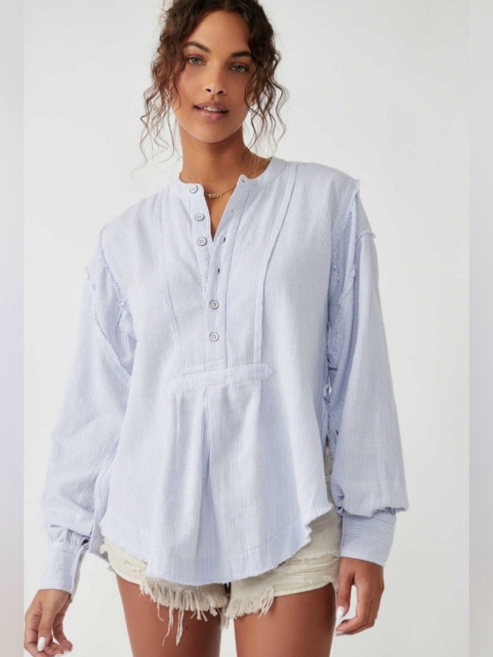 We the Free Pin Stripe Edge Washed Blue Shirt